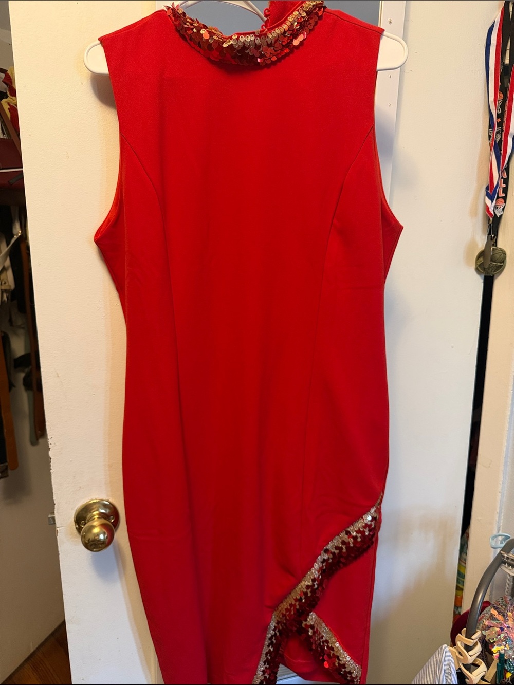 New York & Company Red Sleeveless High-Low Dress with Sequin Trim